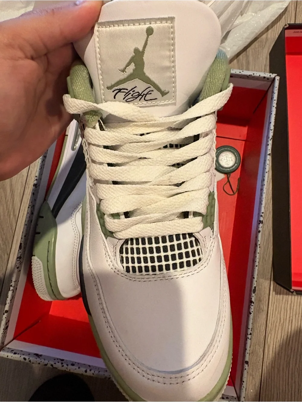 Jordan 4s White and Olive Green Basketball Sneakers